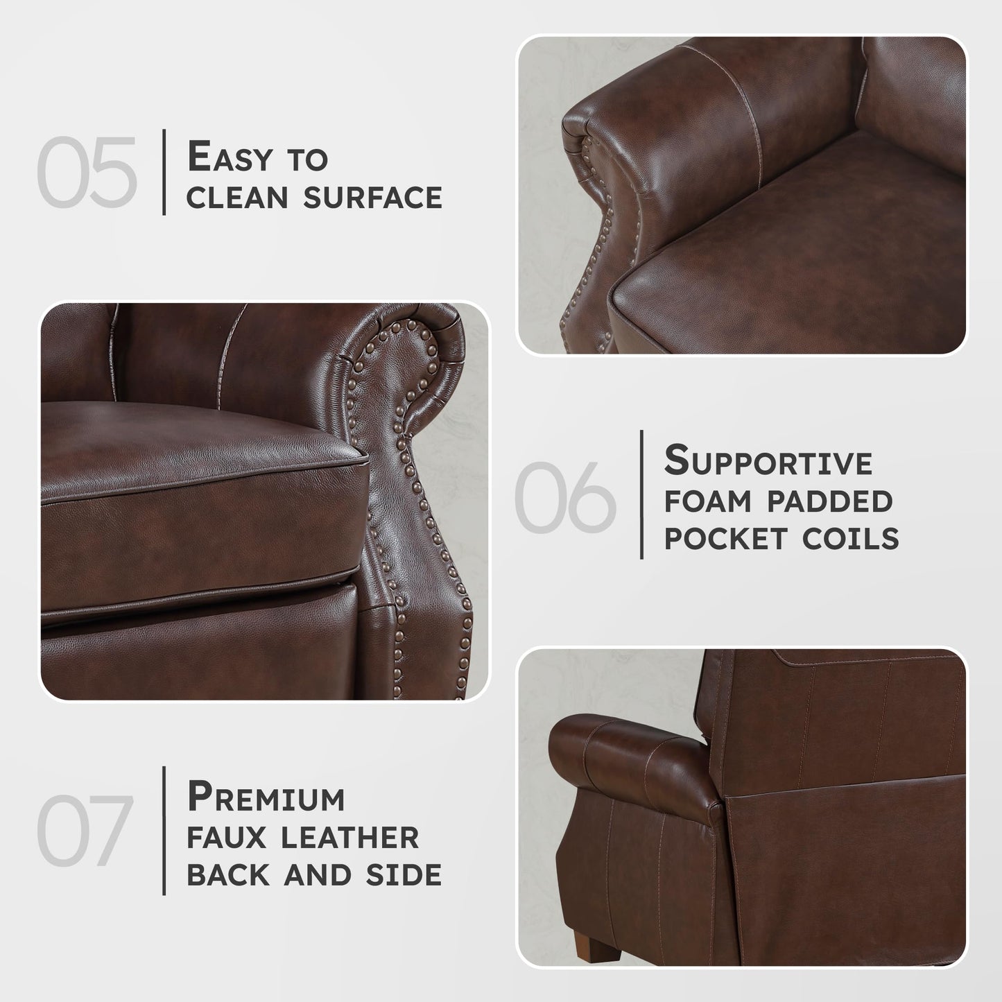 Lexicon 64.5" Loveseat, Top Grain Leather Match Loveseat Sofa with Nailhead Trim, Rolled Arms, Solid Wood Legs, 2 Seater Couch for Living Room/Apartment/Office, Easy Assembly, Brown
