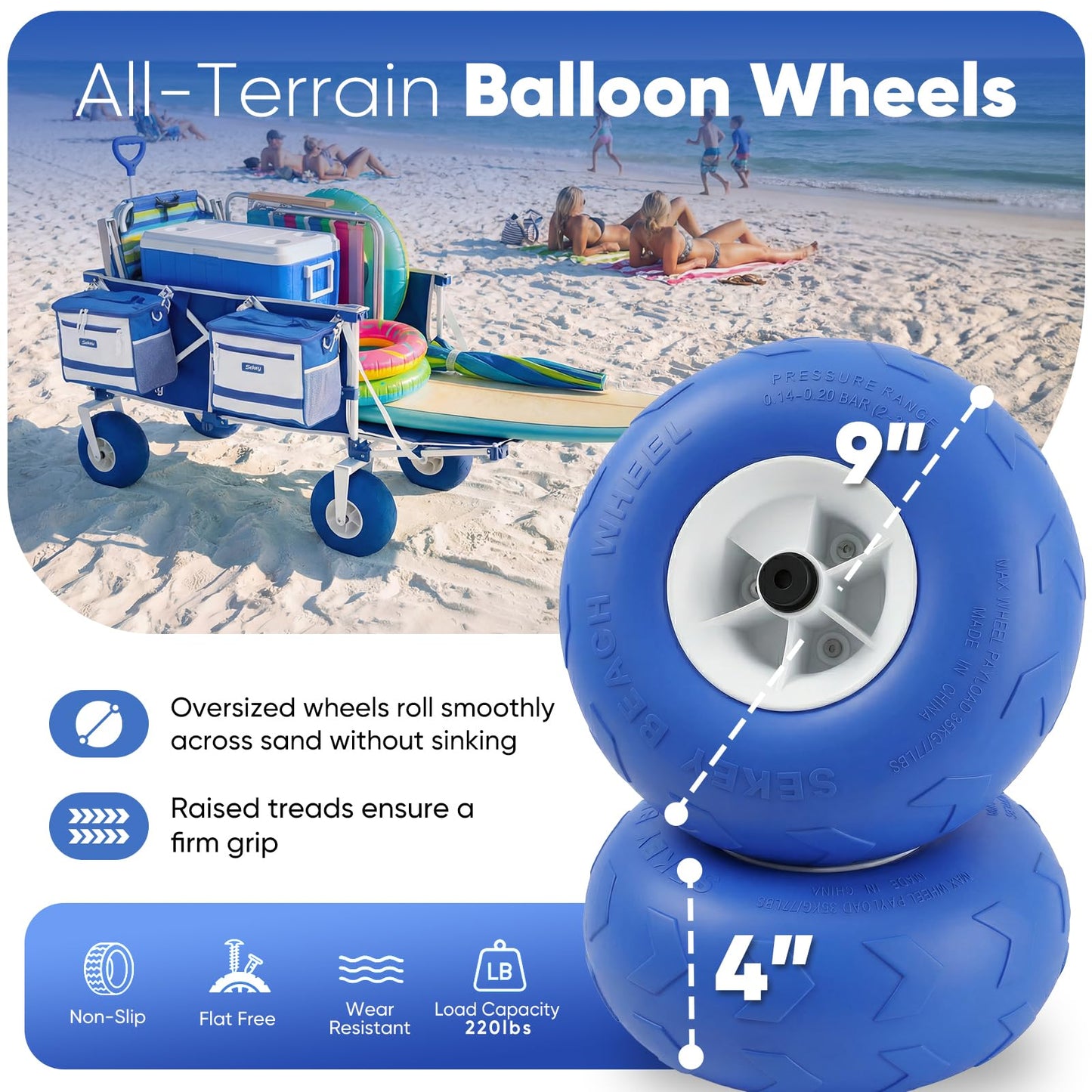 Sekey Heavy Duty Beach Wagon with 9" Big Sand-Proof Wheels, 300L Oversized Foldable Beach Cart with Cooler| Adjustable Handle & Balloon Tires for Sand, Camping,Vacation