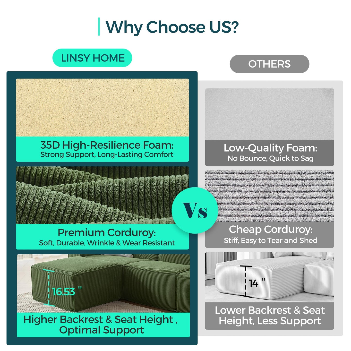 LINSY HOME Modular Sectional Sofa, 134" Boneless Couch L Shaped 4-Seat Sofa with Movable Ottoman, Corduroy Sectional Cloud Couches for Living Room, No Assembly Required, Green