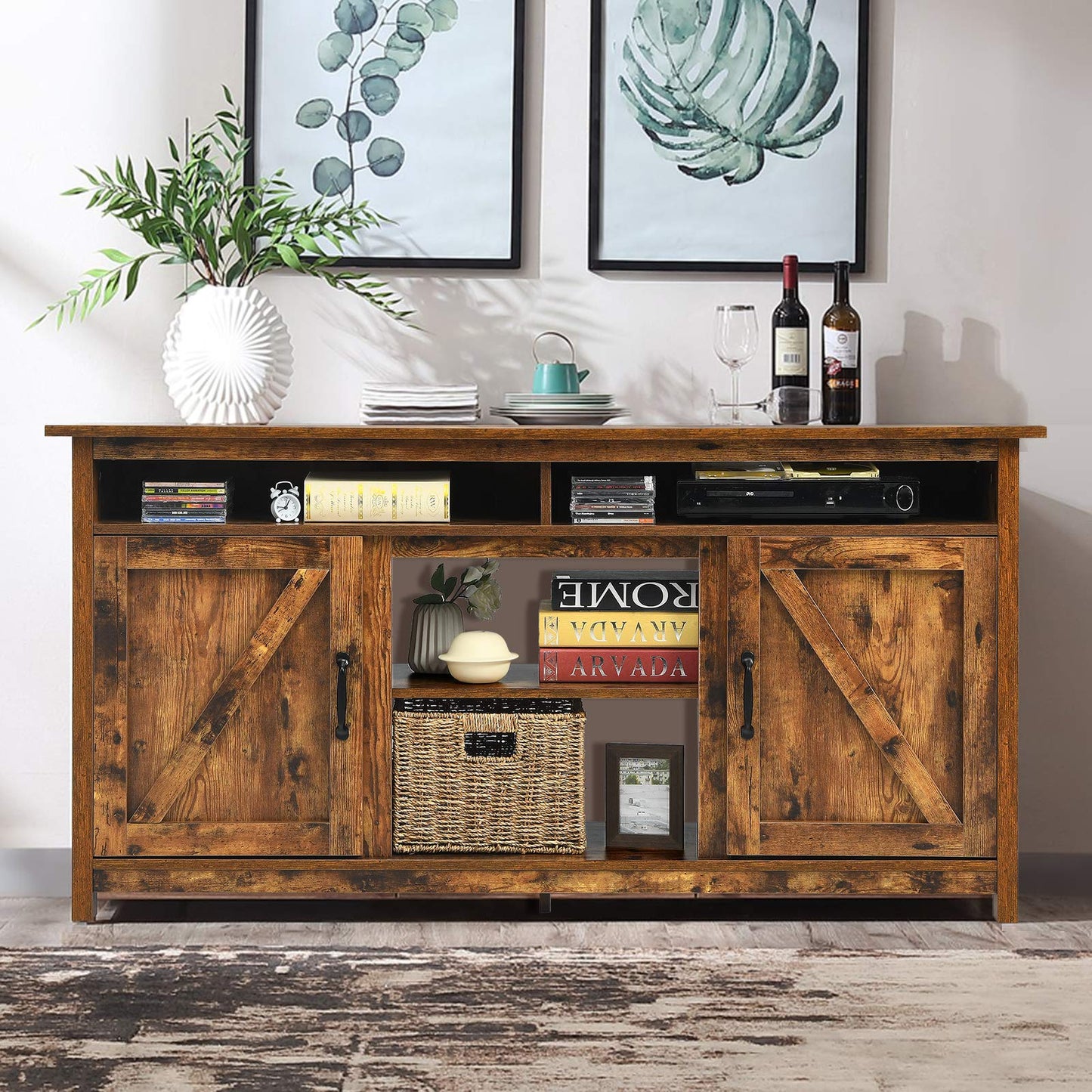 Tangkula Industrial TV Stand with Barn Doors for TVs up to 65 Inches, Farmhouse TV Console Cabinet with Shelves & Cabinets, Rustic Entertainment Center for Living Room, TV Console Table, Rustic Brown