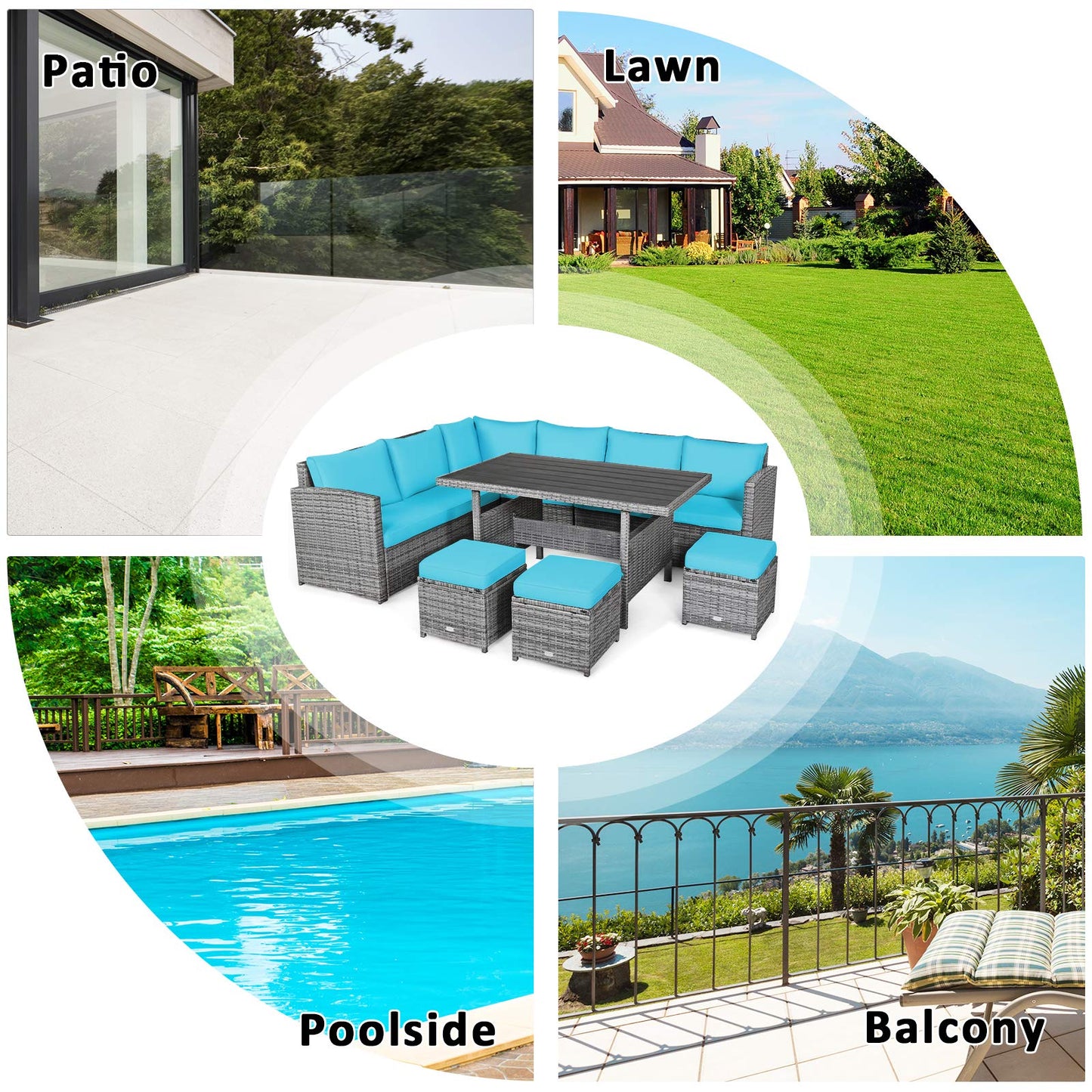 Tangkula 7 Pieces Patio Furniture Set, Outdoor Sectional Rattan Dining Sofa Set with Cushions, All Weather Wicker Conversation Couch Set with Dining Table & Ottomans for Yard Garden Poolside