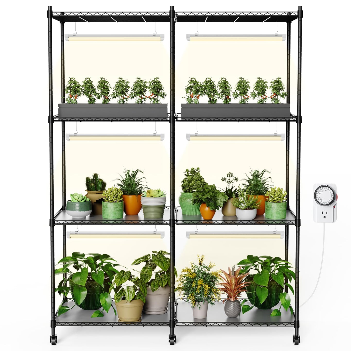 EJWOX 4 Tier Indoor Greenhouse Plant Shelf with Grow Lights, 6-Pack 18W Full Spectrum LED Grow Lights, Timer & Casters, Large Double Grid Metal Stand for Vegetables Herbs Succulents - 48x22x63 Inch