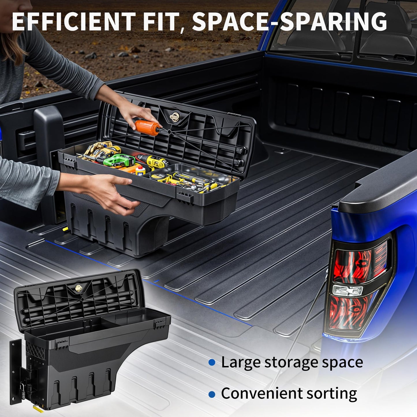 OEDRO Truck Bed Storage Tool Box Fits 2015-2026 Ford F150 Driver Side + Passenger Side, 180 Degree Rotation Rear Tool Boxs with Lockable Lid & Password Padlock, Black Waterproof Wheel Well Storage