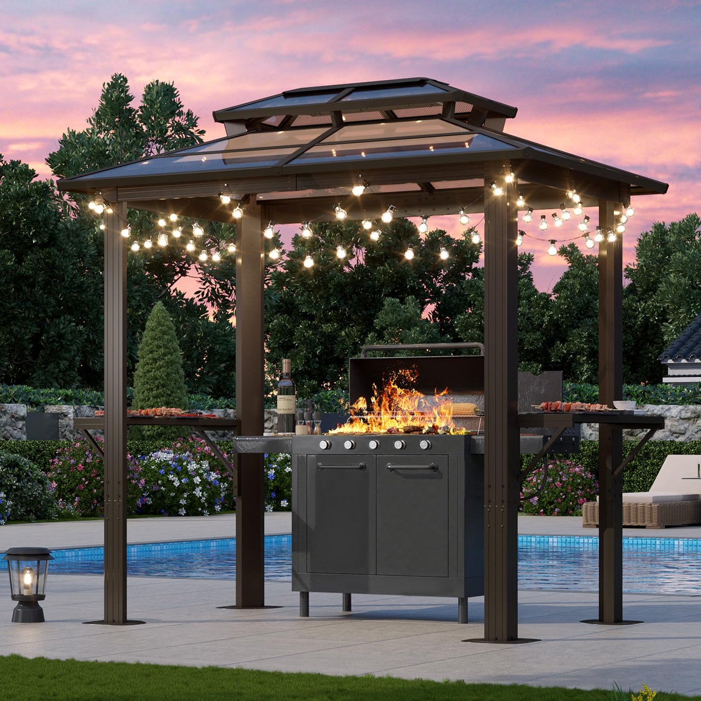 Aoxun 8'x5' Hardtop Grill Gazebo, Outdoor Barbecue Gazebo with Double Polycarbonate Top & 2 Side Shelves & Hooks, Aluminum Grill Canopy for Patio, Lawn, Garden (Brown)