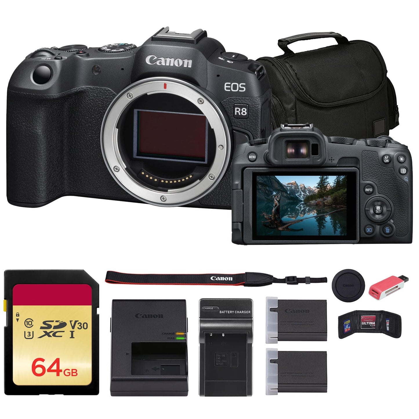 Canon EOS R8 Mirrorless Camera (5803C002) + 64GB Memory Card + Bag + Charger + LPE17 Battery + Card Reader + Memory Wallet + Cleaning Kit (Renewed)