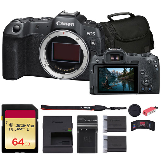 Canon EOS R8 Mirrorless Camera (5803C002) + 64GB Memory Card + Bag + Charger + LPE17 Battery + Card Reader + Memory Wallet + Cleaning Kit (Renewed)