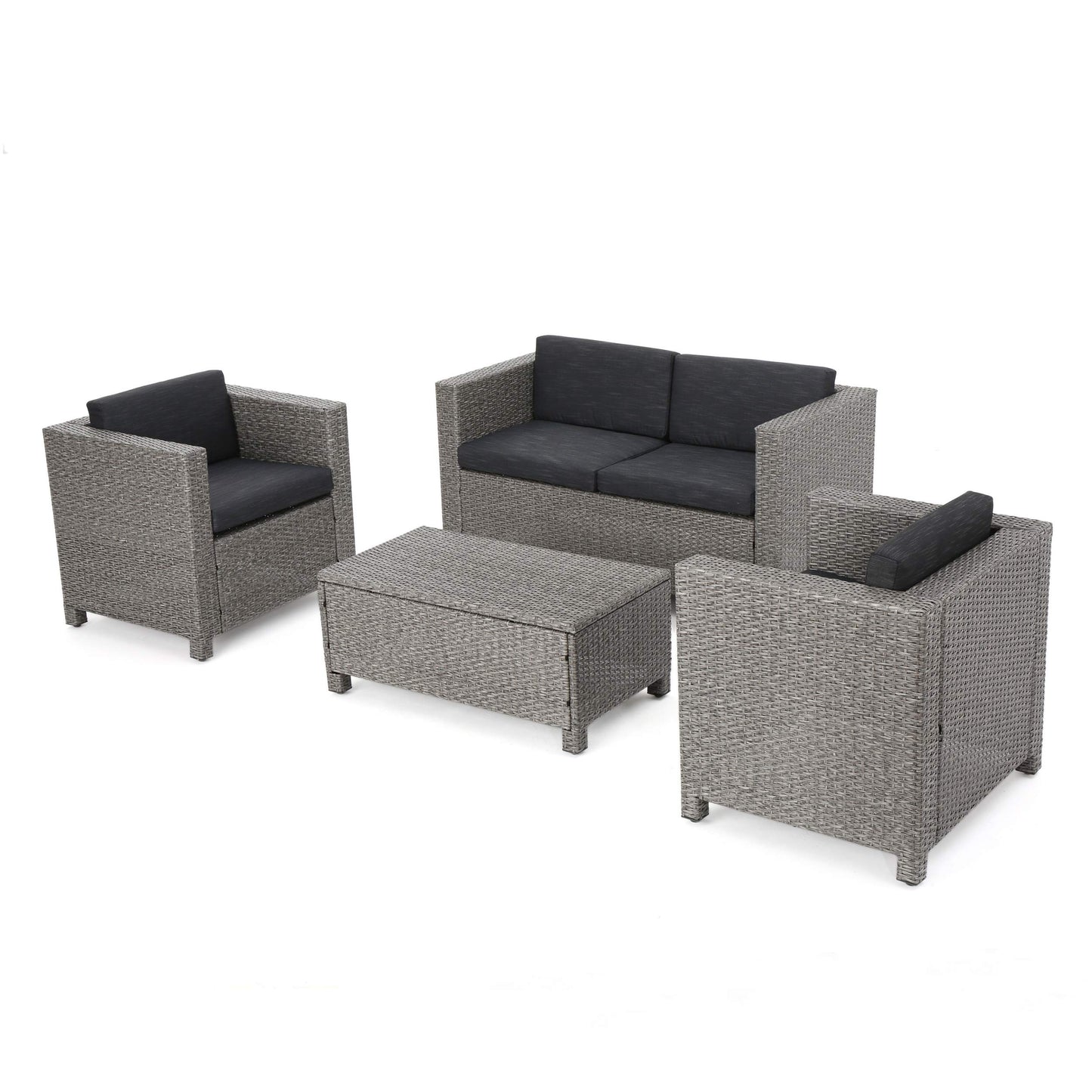 Christopher Knight Home Puerta Wicker Chat Set with Water Resistant Cushions and Set Cover, 4-Pcs Set, Beige / Mixed Black / Dark Grey