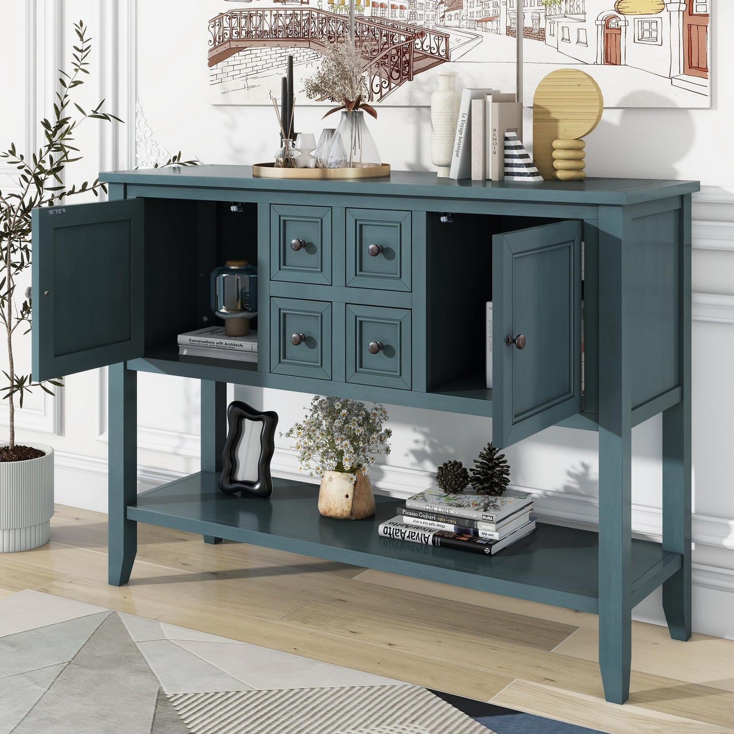 Merax Wood Farmhouse Buffet Table with Storage Shelf, 2 Drawers and Cabinets Buffet Coffee Bar Cabinet for Living Room Dinning Room Kitchen (Dark Blue)