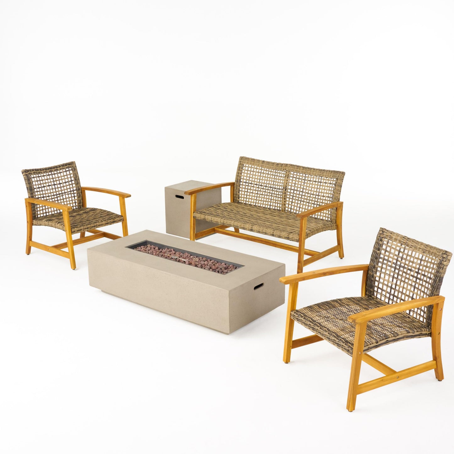 Christopher Knight Home Outdoor 5 Piece Acacia Wood and Wicker Conversation Set with Fire Pit, Gray and Light Gray