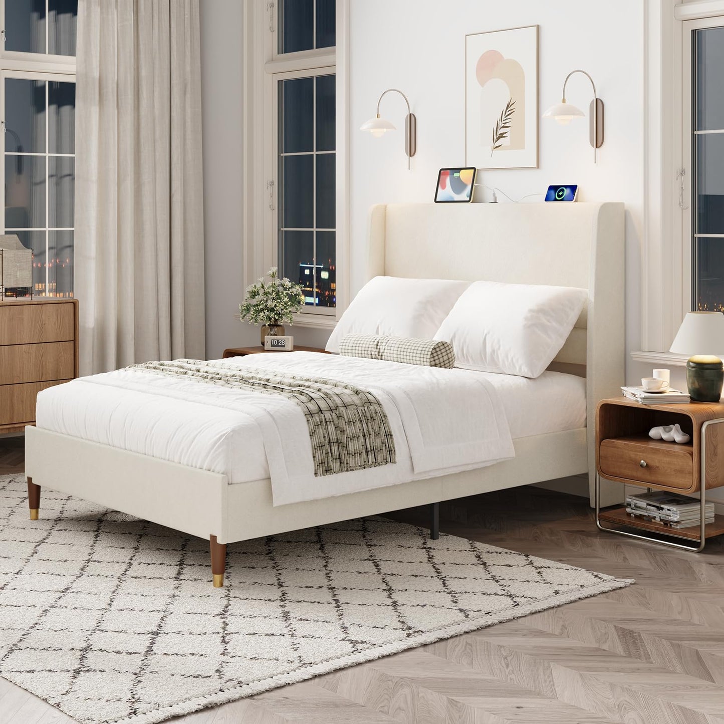 MALOL Full Bed Frame with Upholstered Linen Headboard, Platform Bed with USB Charging Ports, Sturdy Metal Frame, No Box Spring Required, Quiet Noise-Free Modern Bedroom Furniture, Beige
