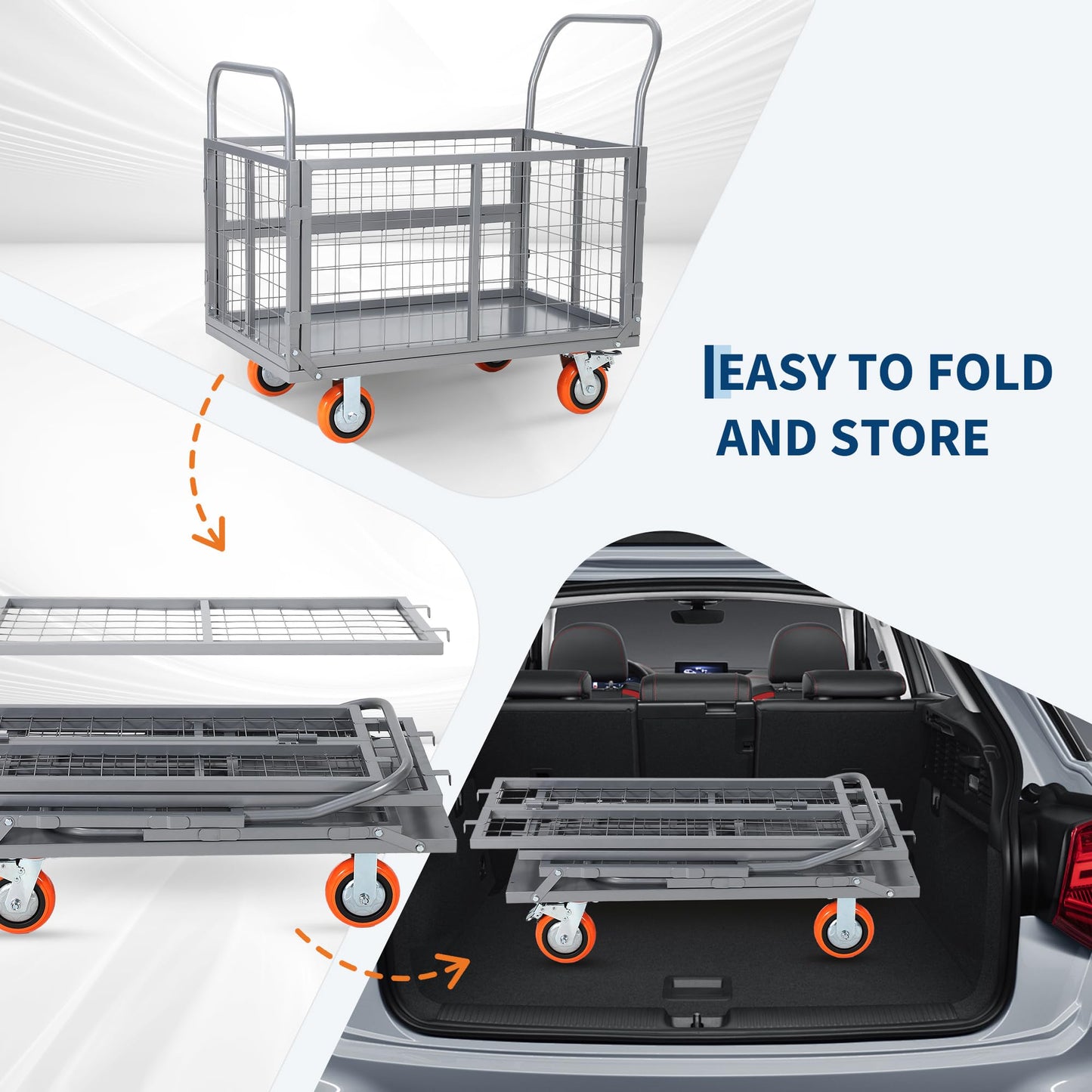 Platform Truck Cart with Cage, 6-in-1 Multi-Purpose Push Cart Dolly, Foldable Hand Truck Load 1800 LBS with 4 Wheels Flatbed Cart for Grocery, Laundry, Garage, Warehouse,Silver