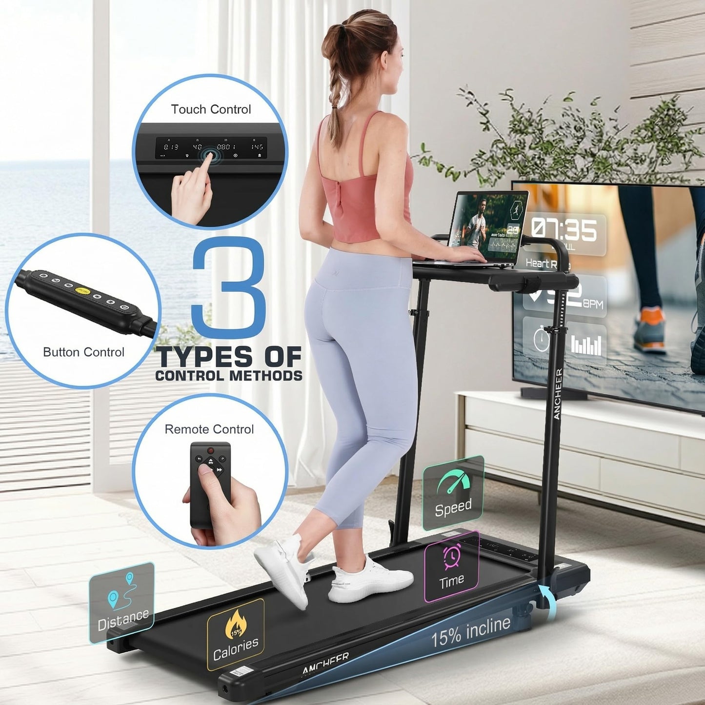 ANCHEER 15% Incline Walking Pad Treadmill with Desk Workstation & Adjustable Height, Portable Treadmills for Home 450 lbs Weight Capacity, 3.5HP Quiet Walking Pad with Desk, Installation in 4 Steps