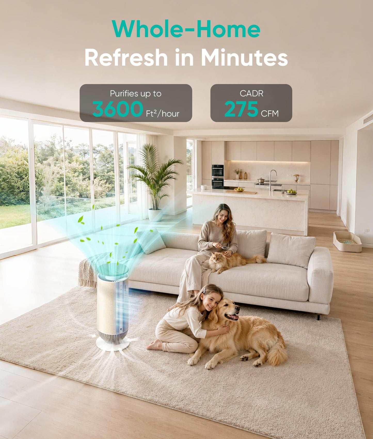 Petbobi Air Purifiers for Home Pets - Air Purifier for Large Room up to 3600 ft², H13 + H11 HEPA for Pet Odors & Hair Dander, 360° Airflow Air Cleaner with PM2.5 Monitor, App Control, Auto Mode