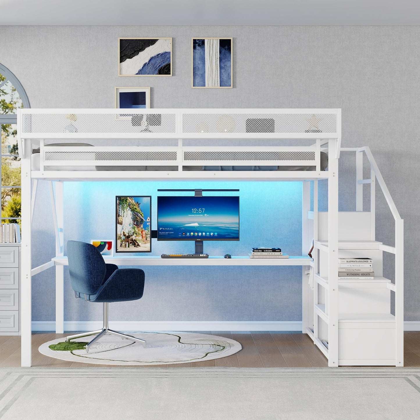 KEIKI Queen Size Metal Loft Bed Frame with Desk, Staircase, Built-in Storage Shelves and Wardrobe, Modern Loft Bed with Solid Slat, Guardrail, No Box Spring Required, Easy Assembly, for Bedroom, White