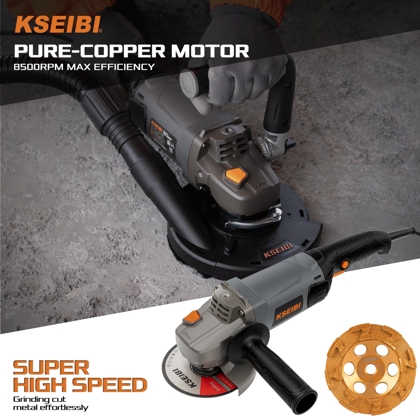 KSEIBI 5-Inch Concrete Angle Grinder, 11.5A 1400W Corded Surface Grinder Kit with Dust Shroud & Diamond Cup Wheel, 8500 RPM Pure-Copper Motor for Cutting Grinding Metal Concrete Brick Tile
