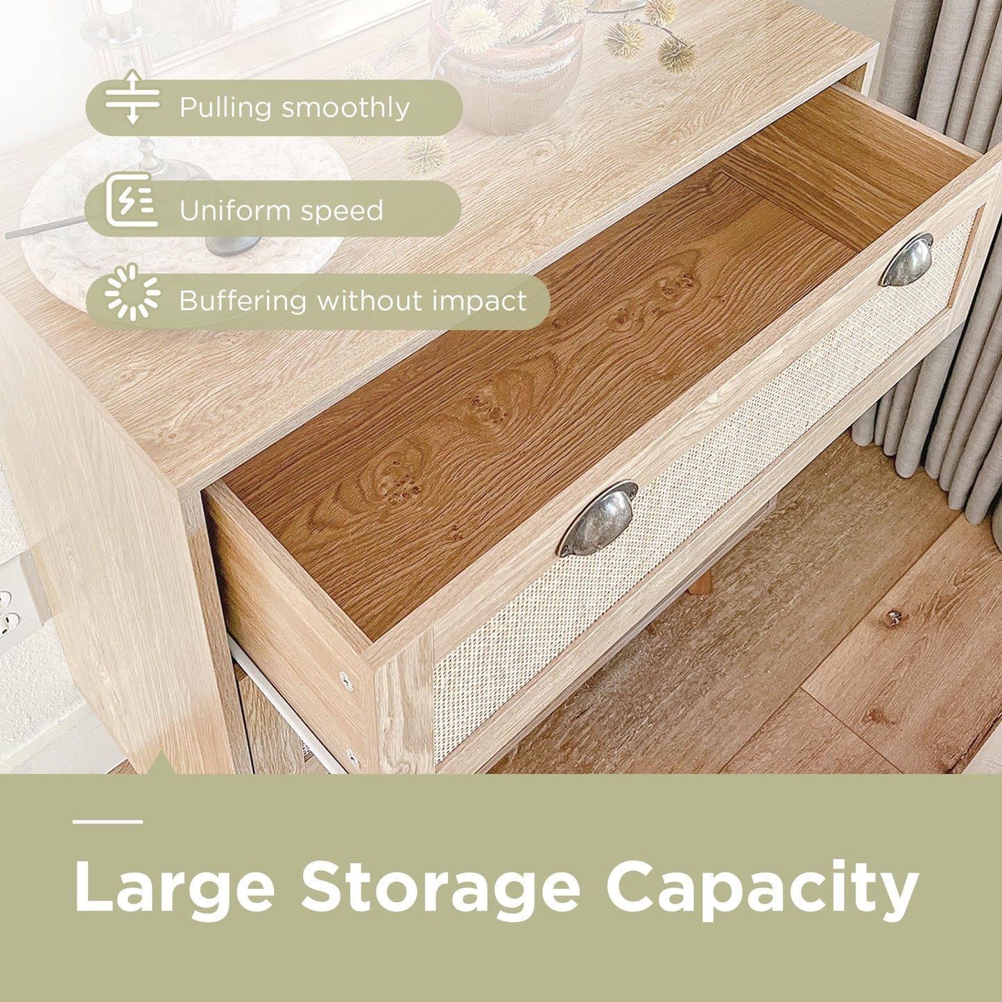 Sophia & William Rattan Cabinet Boho Dresser 3-Drawer Rattan Nightstand Chest of Drawers