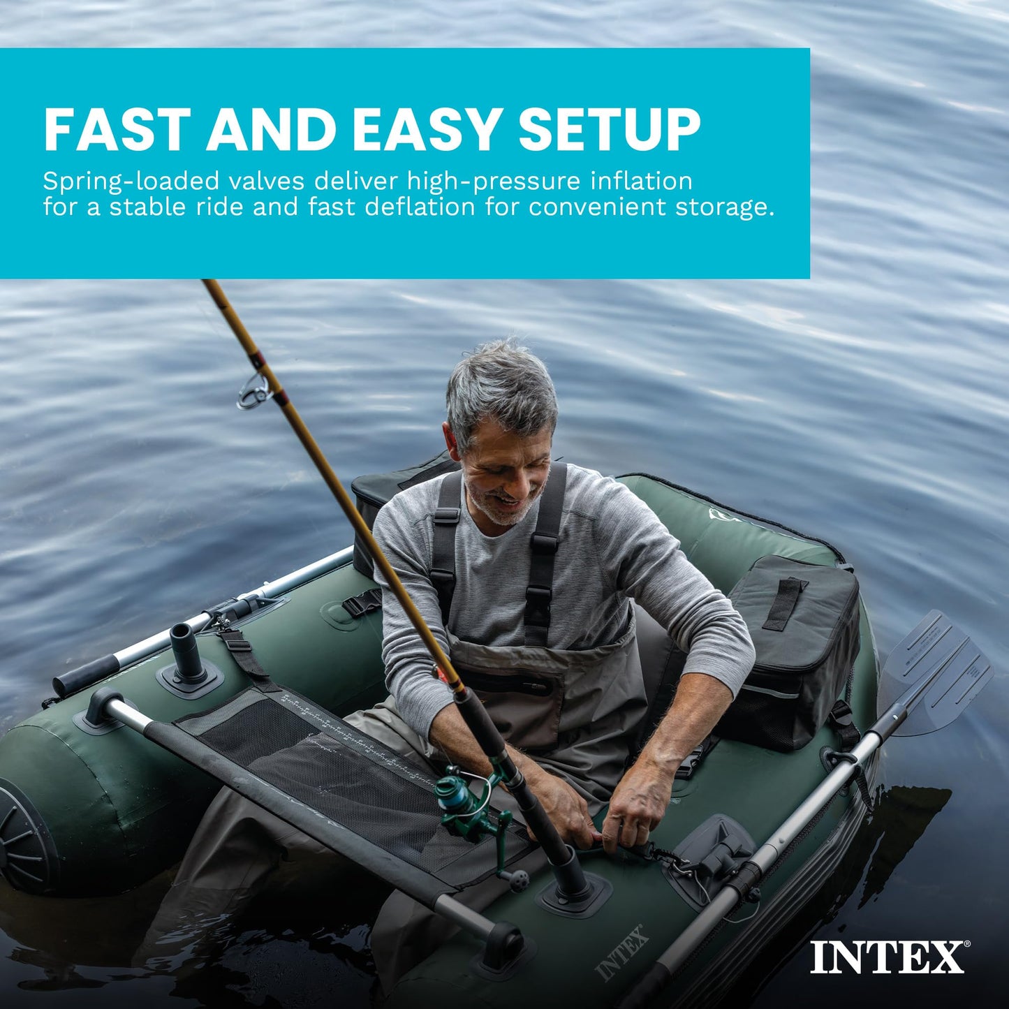 INTEX Big Catch Pro Inflatable Fishing Float Tube: Includes Deluxe 54in Boat Oars and High-Output Pump - Detachable Fishing Rod Holders - Mesh Fish Ruler - Heavy-Duty Backpack - 308lb Weight Capacity