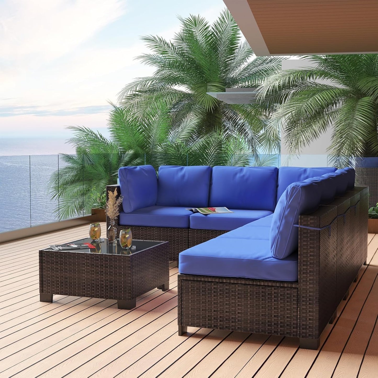 6 Piece Sectional Rattan Sofa with Glass Top Coffee Table, Patio Rattan Conversationr Sofa Set, All Weather Outdoor Patio Furniture Set and Chairs, Poolside, Garden, Porch