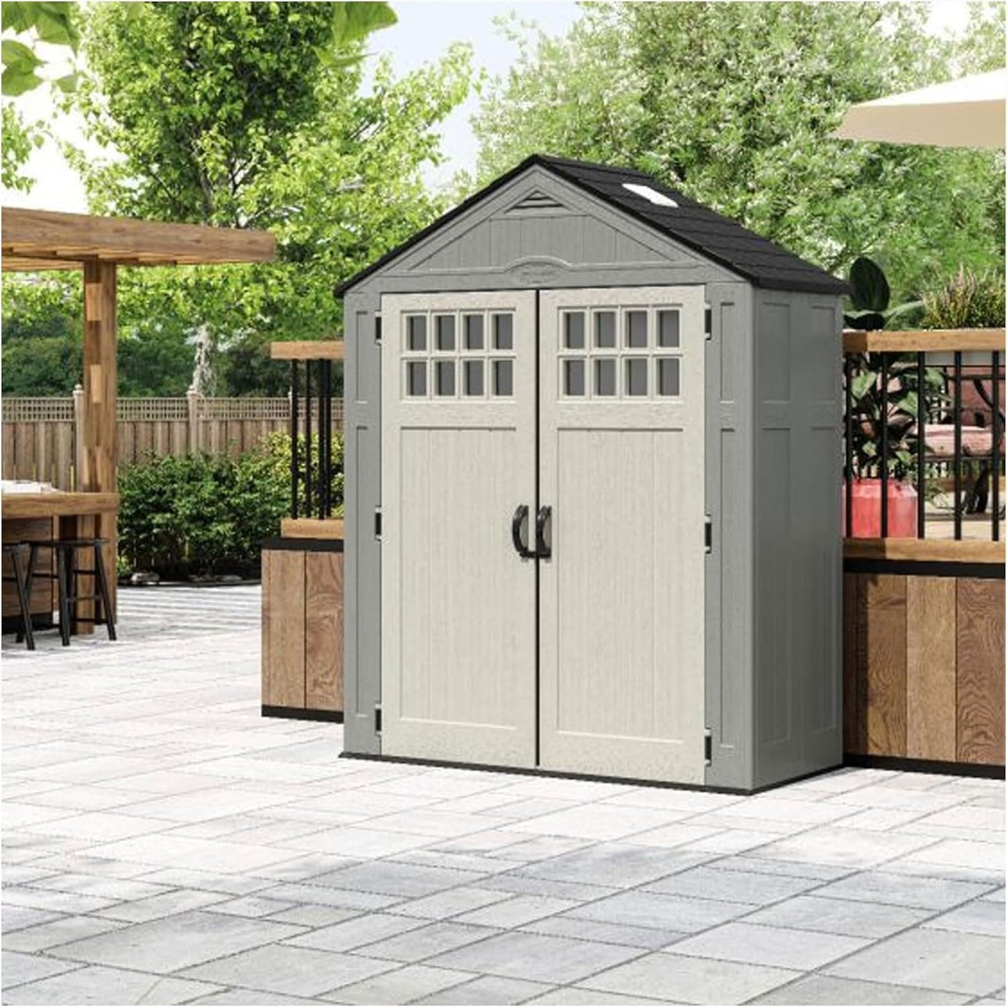 Suncast Everett 6x3 ft Vertical Storage Shed - Resin Outdoor Garden Shed with Floor, Windows, Skylight & Lockable Double Doors. Slim Yard Storage for Utility Tools & Backyard Equipment