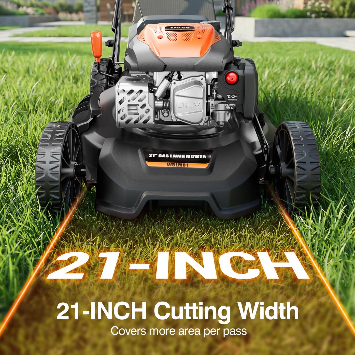 21” Self Propelled Lawn Mower Gas, 170CC 4-IN-1 Mulch/Rear Bag/Side Discharge/Rear Discharge, Walk-Behind Gas Lawnmower with 7-Position Cutting Height, Foldable Gas Powered Lawn Mowers for Lawn Garden
