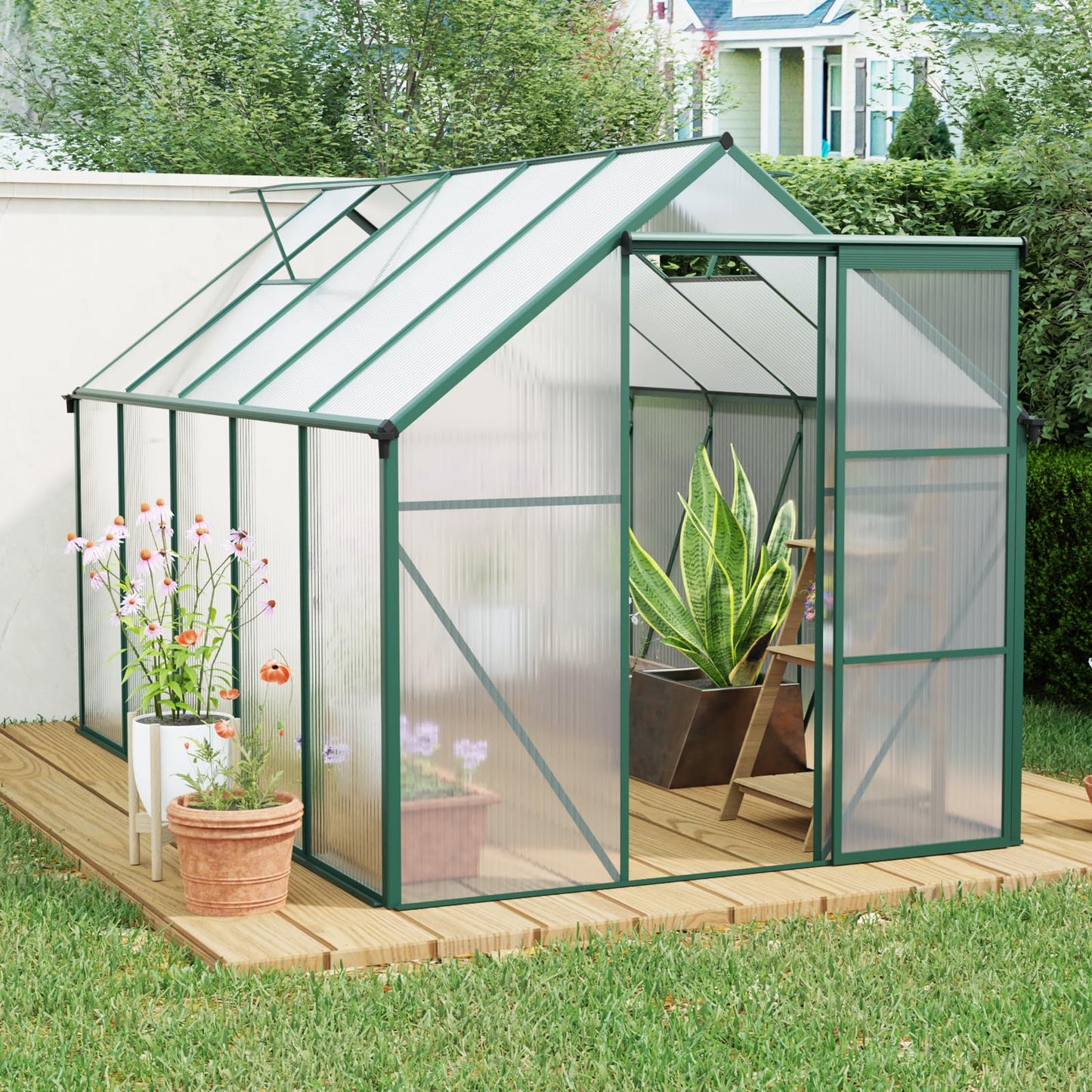 KEIKI 6x10 FT Polycarbonate Greenhouse with Aluminum Frame,Raised Base and Roof Vent,Walk-in Greenhouses for Patio Garden Backyard