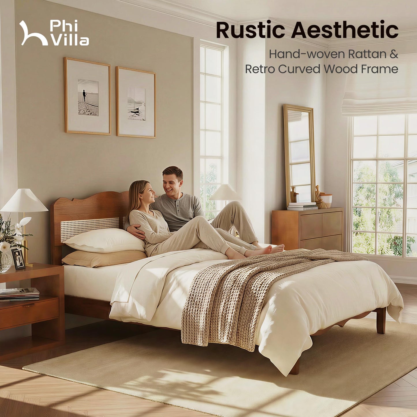 PHI VILLA Rattan Queen Size Bed Frame with Headboard, Natural Solid Wood Bed Frames, Vintage Bedframe, No Box Spring Needed, Brown
