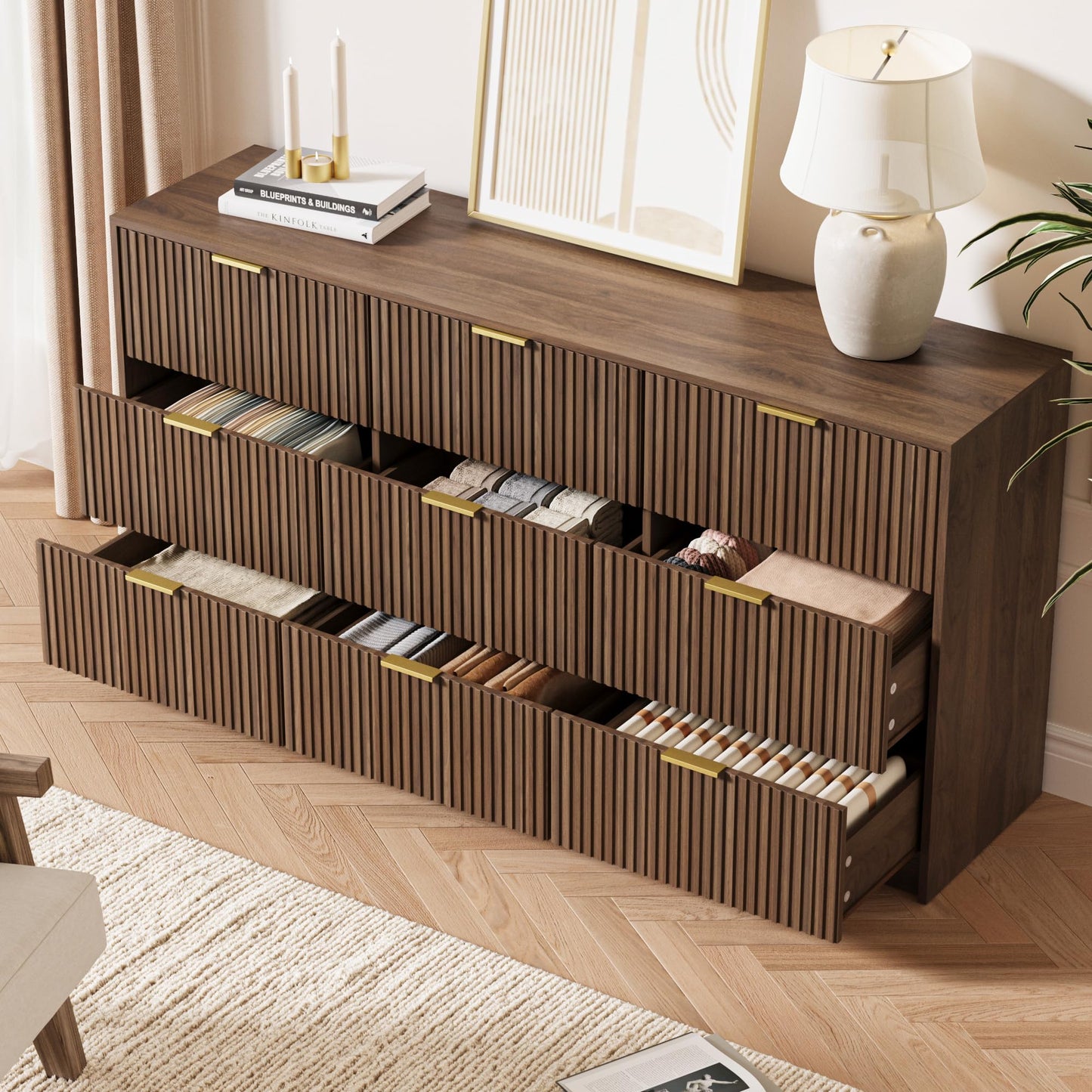 MAISONARIA 9 Drawer Dresser for Bedroom, 63" Wide Modern Fluted Dresser with Gold Metal Handles, Chest of Drawers for Bedroom, Living Room, Entryway, Hallway, Walnut