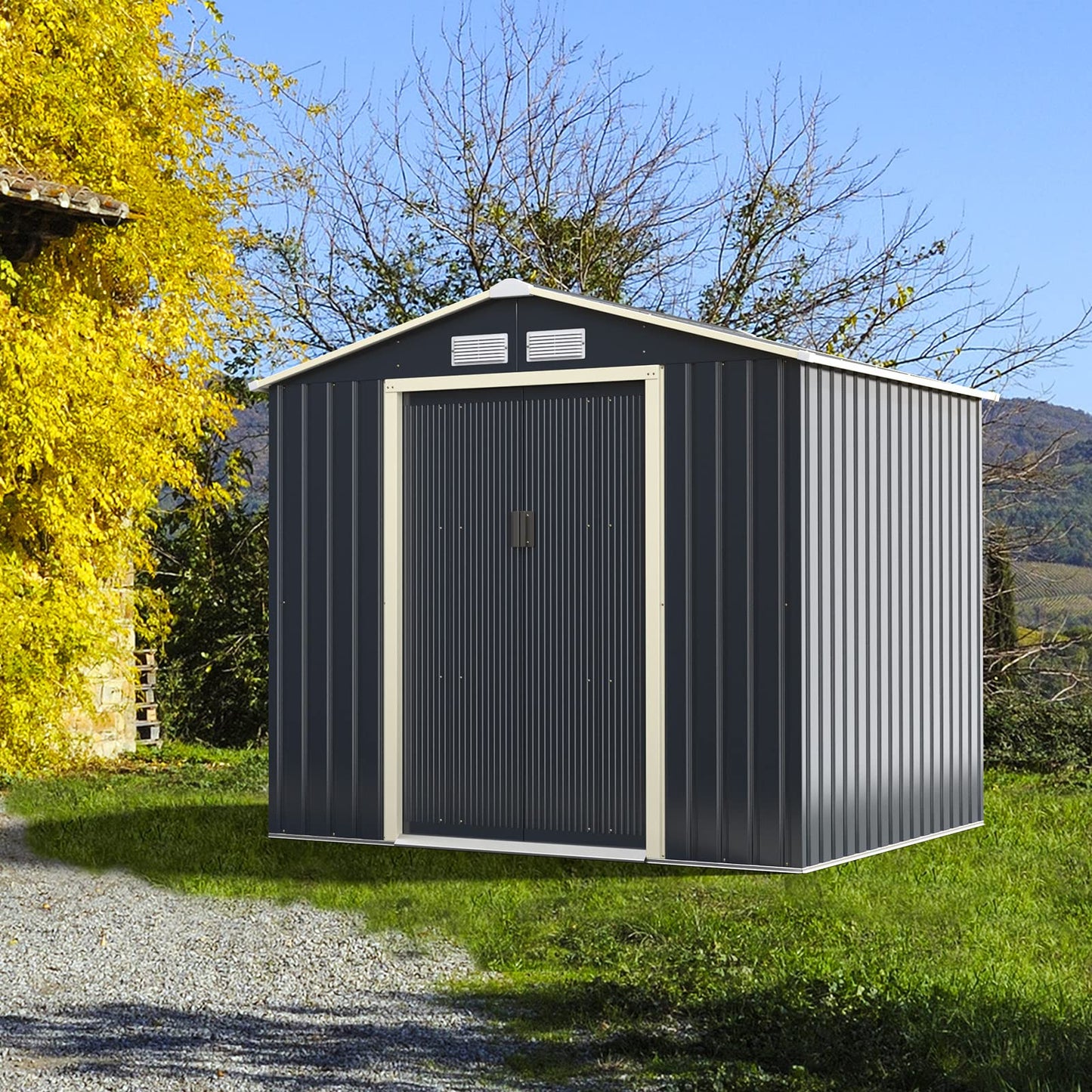 Goplus Storage Shed, Metal 7' X 6' Outdoor Building Organizer with 4 Vents & Double Sliding Door for Garden Backyard Farm (7'X6')