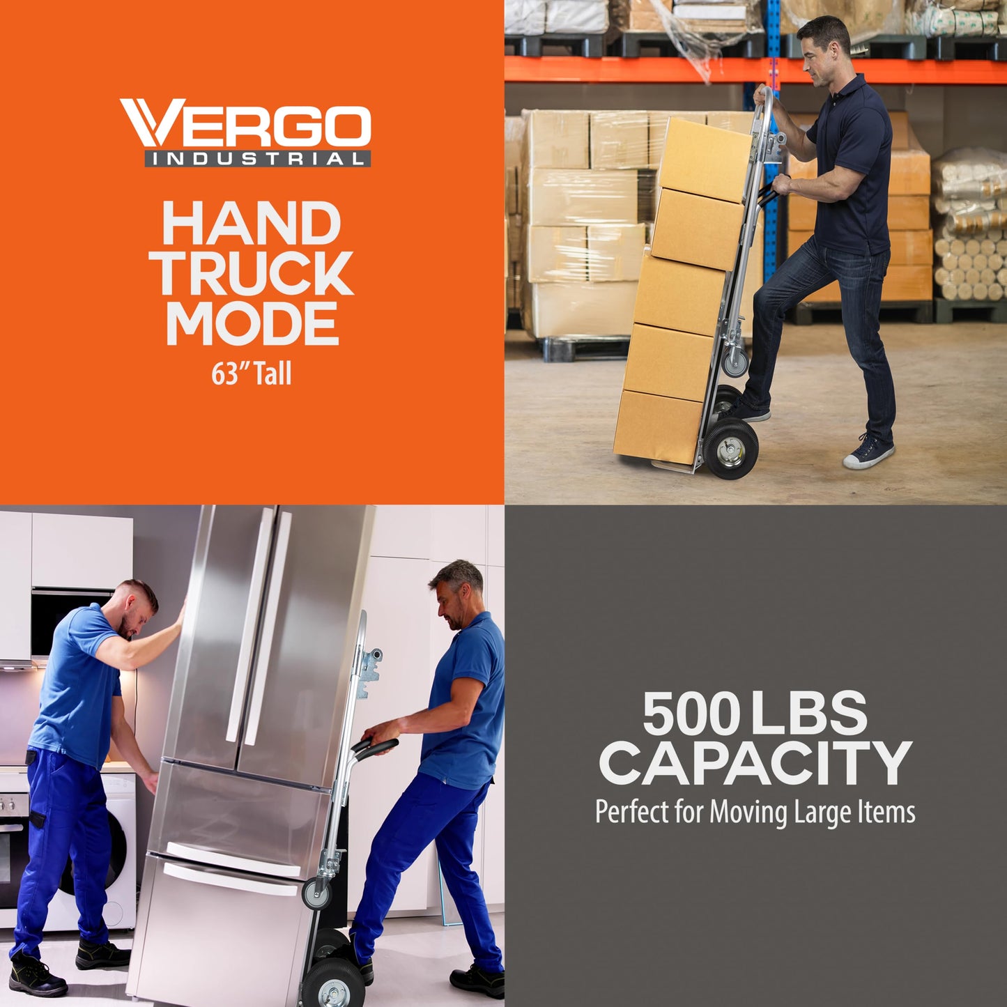 Vergo Industrial Convertible Hand Truck - AS7B Heavy Duty Aluminum 2 in 1 Dolly (800 lb Capacity) Lightweight Reinforced Frame, Ergonomic Handle, Superior Mobility Moving Dolly (2 Positions, 63" High)