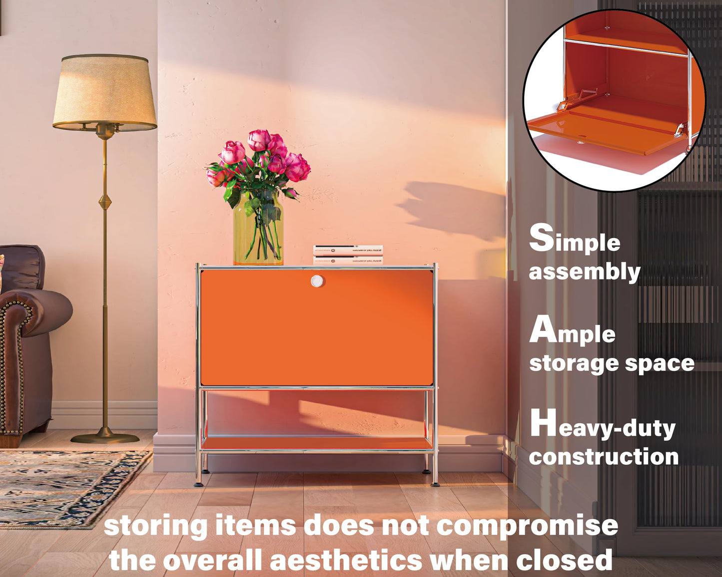 Simplink Metal Sidetable with Flap Door, 27.5" Height - DIY Modern Furnishing for Home, Office, Foyer, Bedroom - Night Stand, Book Shelf, Bookshelf, Cube Storage Organizer, Bedside Table (Orange)