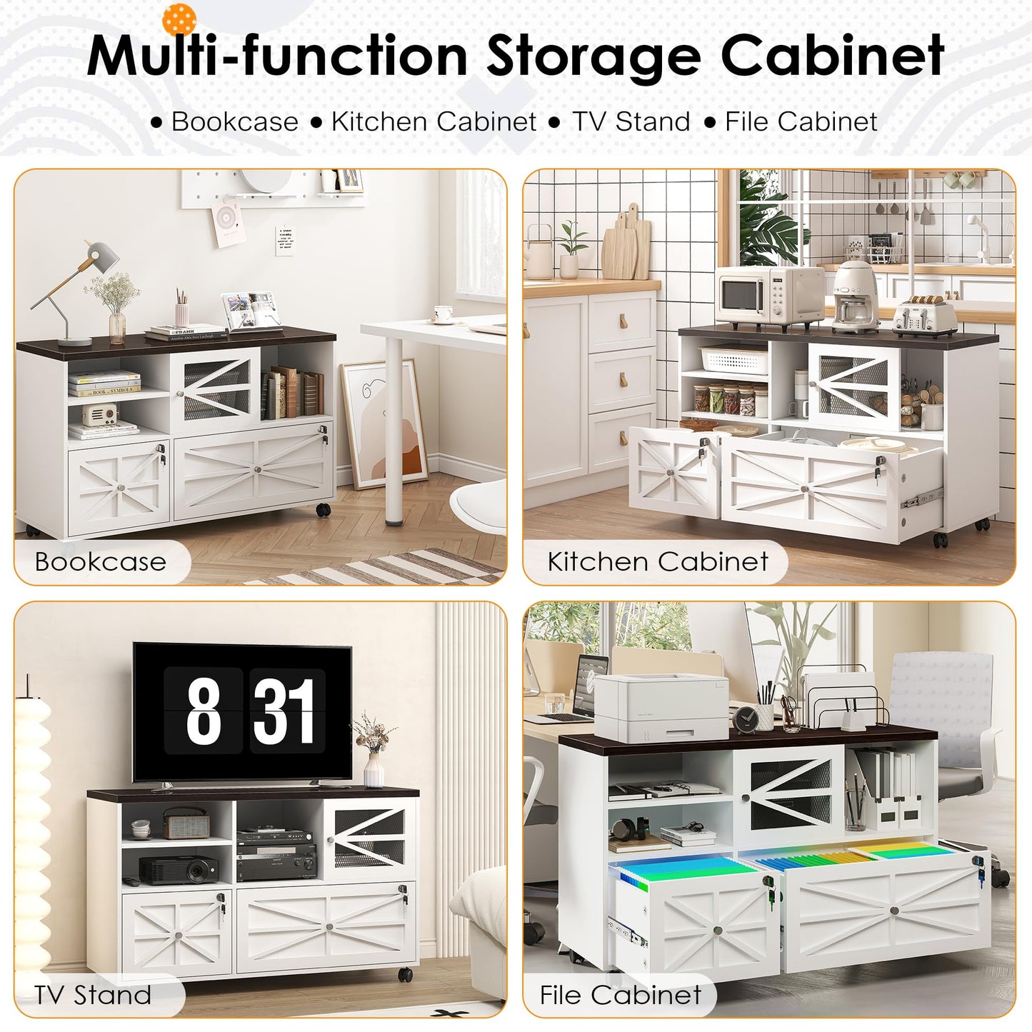 kepptory 2 Drawer File Cabinet with Lock, Rolling File Cabinet for Home Office Fits Files Letter/Legal/F4/A4, Filing Cabinet 2 Drawer with Adjustable Shelf & 2 Lockable Wheels (White + Brown)