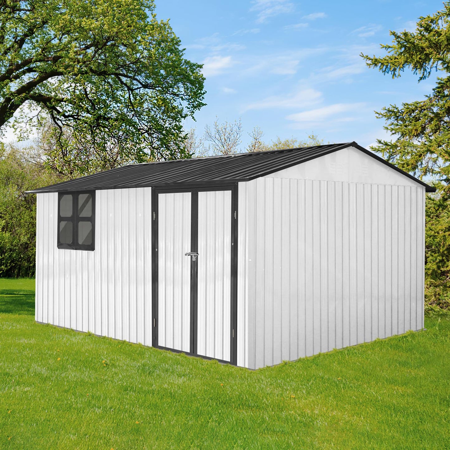 YOPTO 12x10 FT Outdoor Storage Shed,Metal Shed W/Goods Shelves & Window,Garden Tool House W/ 2 Vents & Lamp Hanging Hole & Apex Roof and Lockable Doors,for Backyard Patio Lawn,White+Black