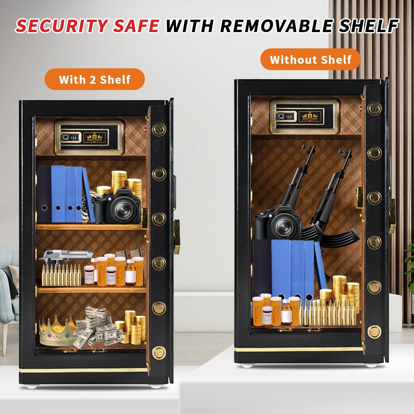 MLJ Large Security Safe - 8.1 Cu. Ft. Waterproof & Fireproof Home Safe with 2 Removable Shelves and Inner Cabinets for Storing Money, Medicines, Jewellery and Other Valuables (Fingerprint Lock)