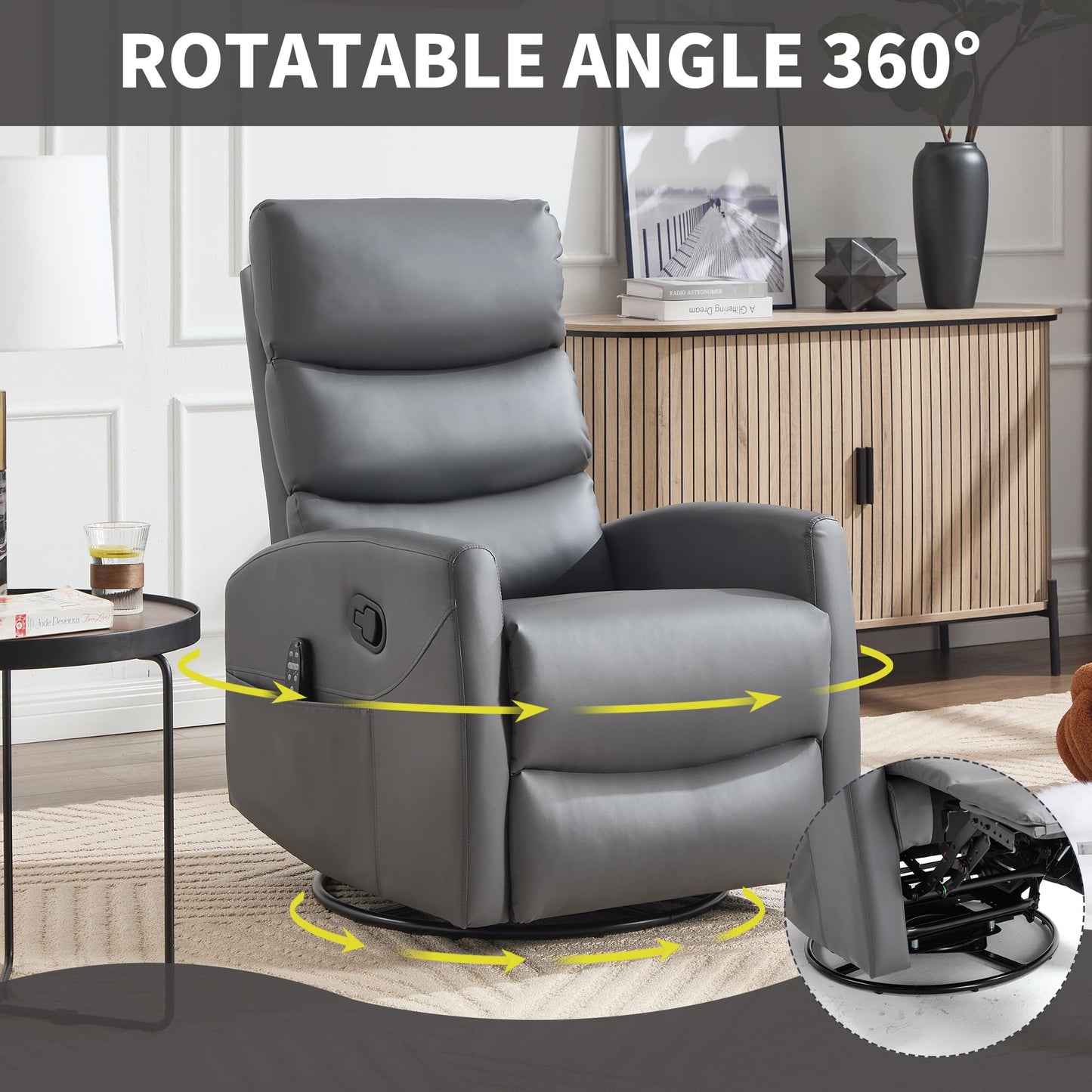 KEIKI Heat Massage Manual Recliner Chair, 360 Swivel Rocker with Lumbar Heat, Faux Leather Neutral Tone Heavy Duty, Ergonomic Adult Lounge Chair with Cushion Back for Primary Living Space, Grey