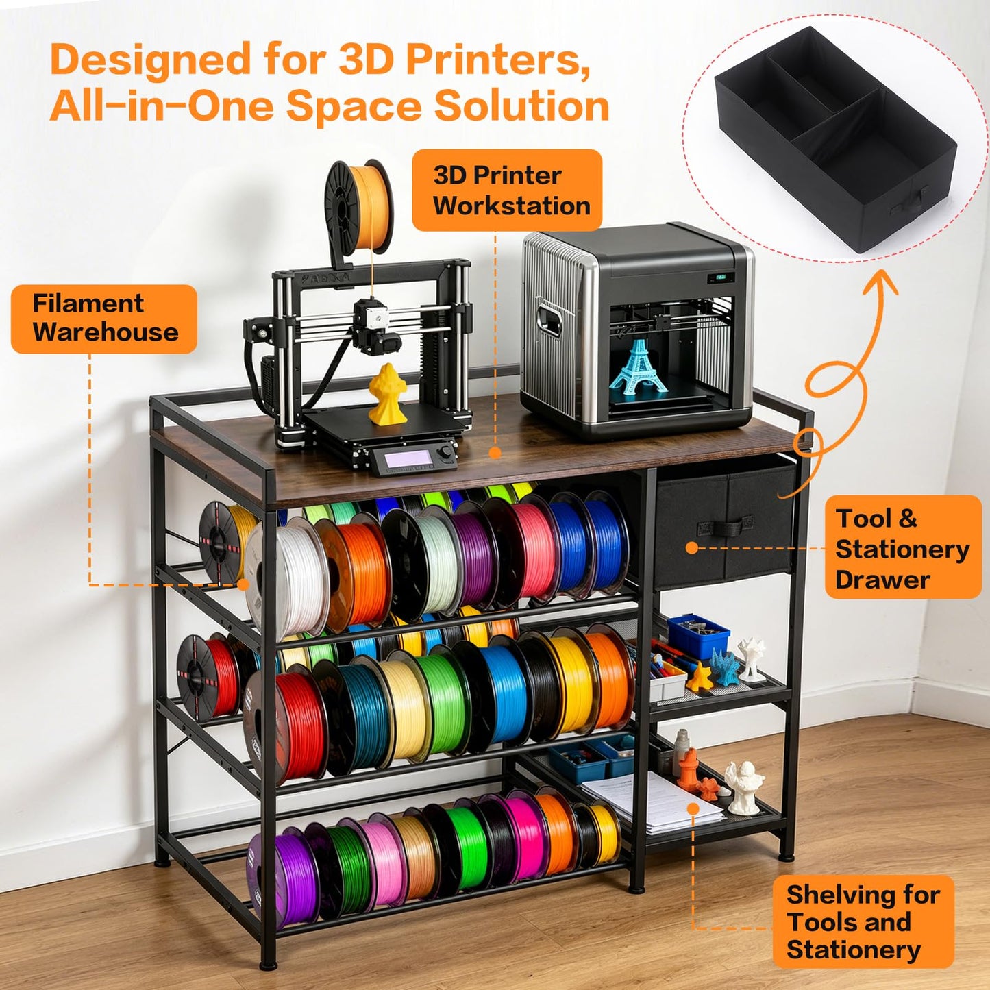 3D Printer Stand with Filament Storage Rack, Heavy Duty Metal Frame Workstation, 3-Tier 3D Printer Table with Tool Shelf for Stable Printing, Home Office Workshop Garage