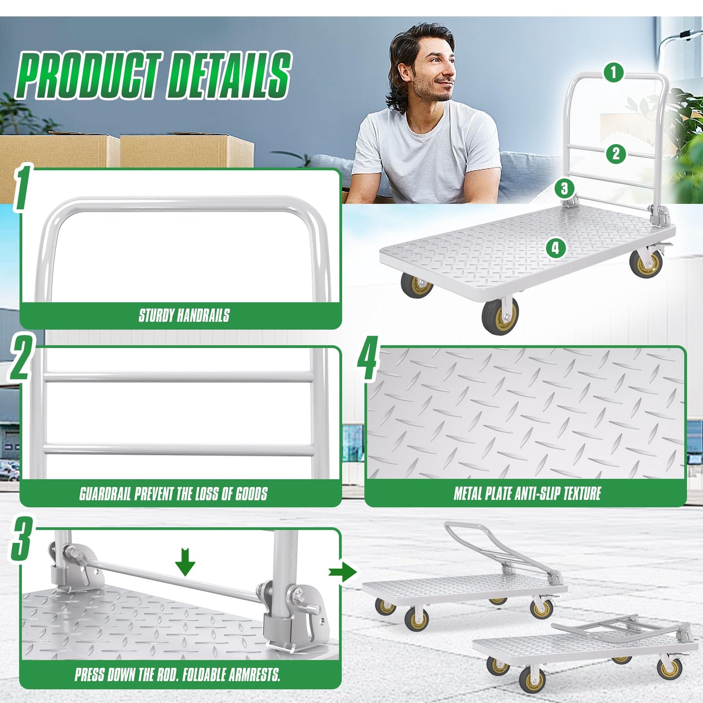 Platform Truck with Brake System 2600lbs Capacity Heavy Duty Push Cart Dolly Foldable Flatbed Cart with 5'' Swivel Wheels Large Steel Platform Dolly Cart for Groceries, Garage, Warehouse (24" x 48")