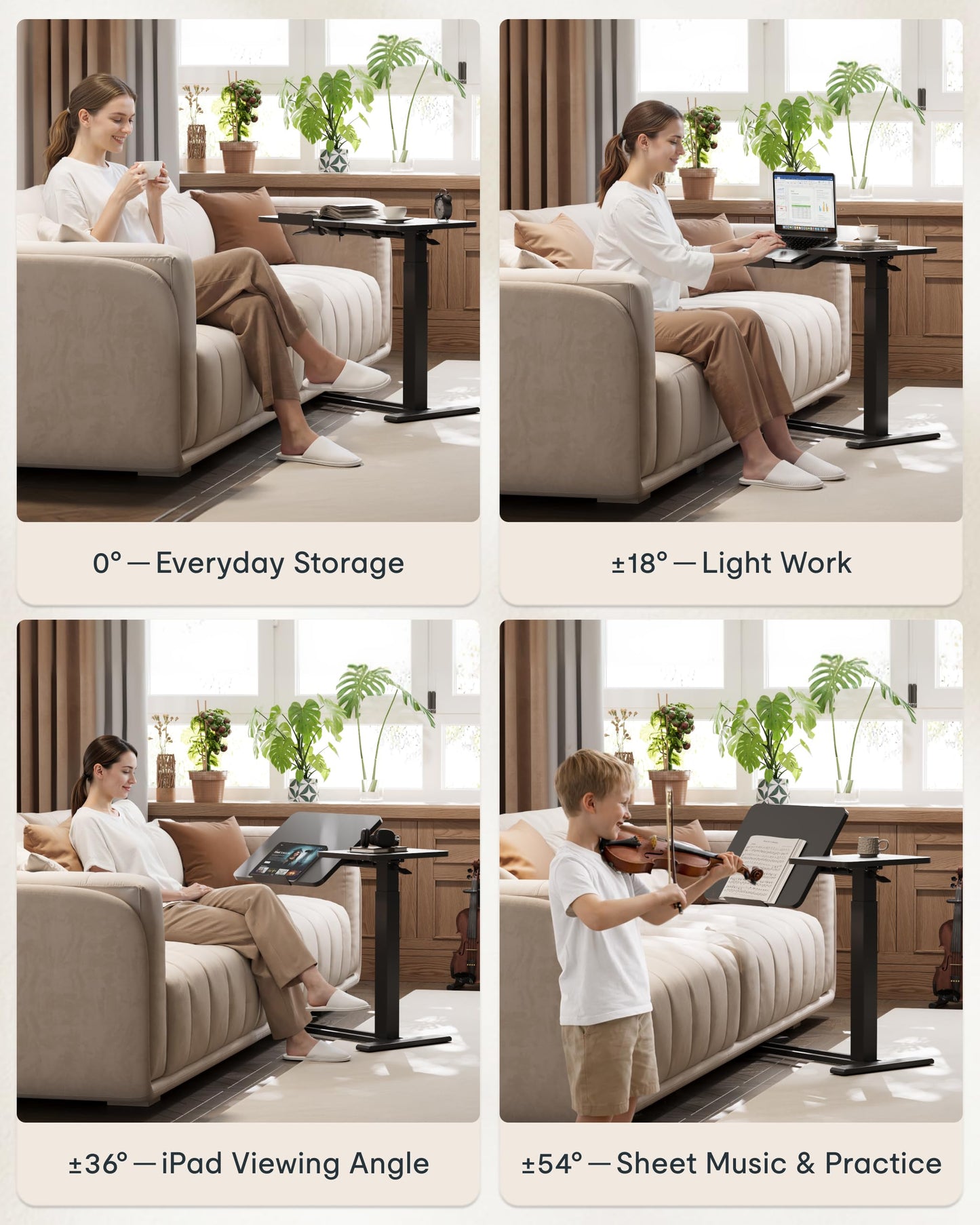FLEXISPOT Adjustable Height C-Shaped End Table with Split Tilting Top – Mobile Side Table for Sofa & Bedside, Slides Under Furniture, Hidden Wheels for Small Spaces(31.6" W x 15.7" D,Black)