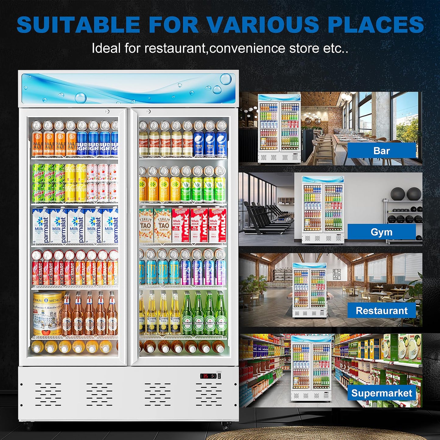 ECEVT 47.8'' W Commercial Beverage Refrigerators, 40 Cu.ft Glass Door Refrigerator Commercial Cooler with LED Light and 10 Shelves, Display Refrigerator for Restaurant Store Cafe Bar, White