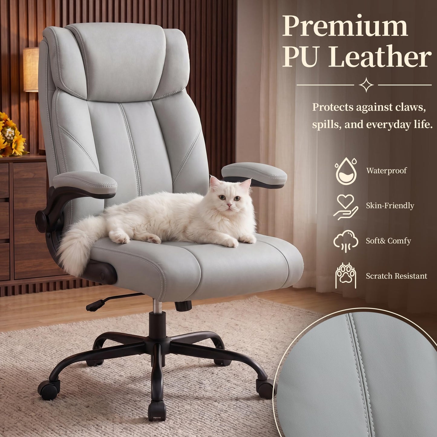 OwgeinSet Office Chair, Leather Ergonomic Computer Desk Chair with Rocking Function, High Back Executive Home Office Chair with Adjustable Flip-up Armrests, Lumbar Support, 360° Swivel, Elegant Grey