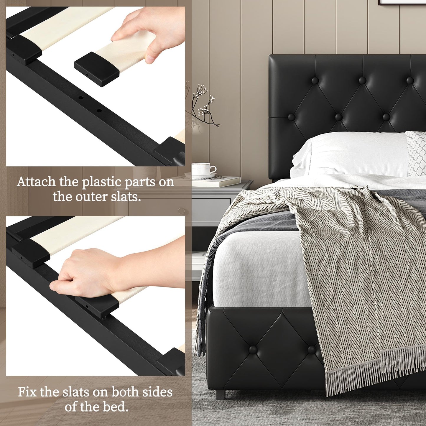 Yaheetech Queen Bed Frame Upholstered Bed Frame with Adjustable Diamond Button-Tufted Headboard/3 Drawers Storage, Queen Platform Bed/Strong Wooden Slats, Black Queen Bed