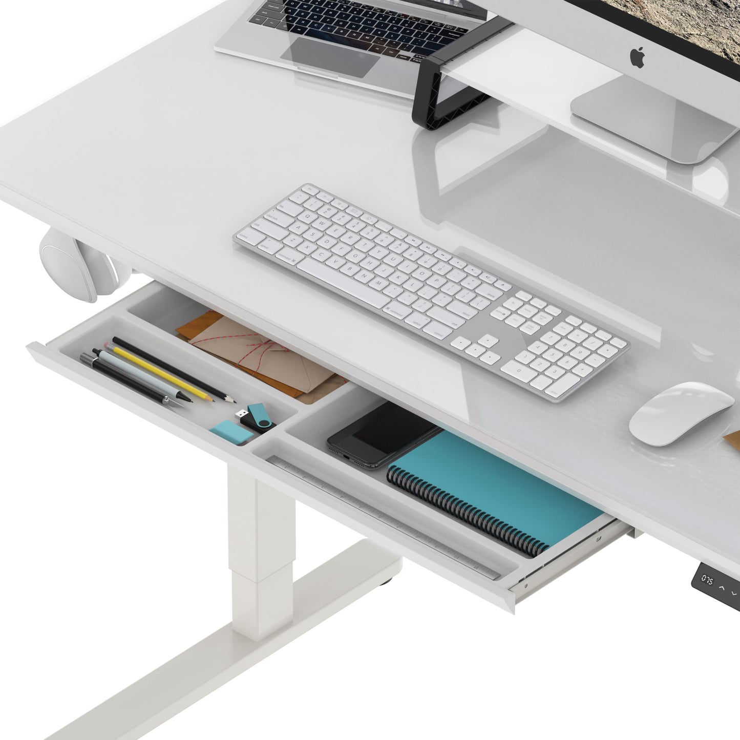 SHW 48x24 Glass Electric Height Adjustable Standing Desk – Motorized Sit Stand Desk with Monitor Riser, Pull-Out Drawer, Memory Presets, White
