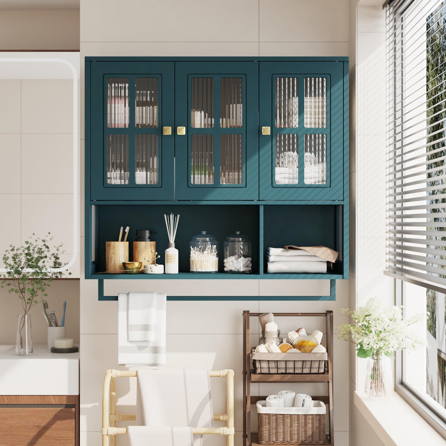 GDFStudio 34.65" Modern Wall Mounted Bathroom Cabinet with Glass Doors, Medicine Cabinet Organizer with Hidden Storage, Open Shelf & Towel Bar, Storage Cabinet for Bathroom Living Room, Dark Green