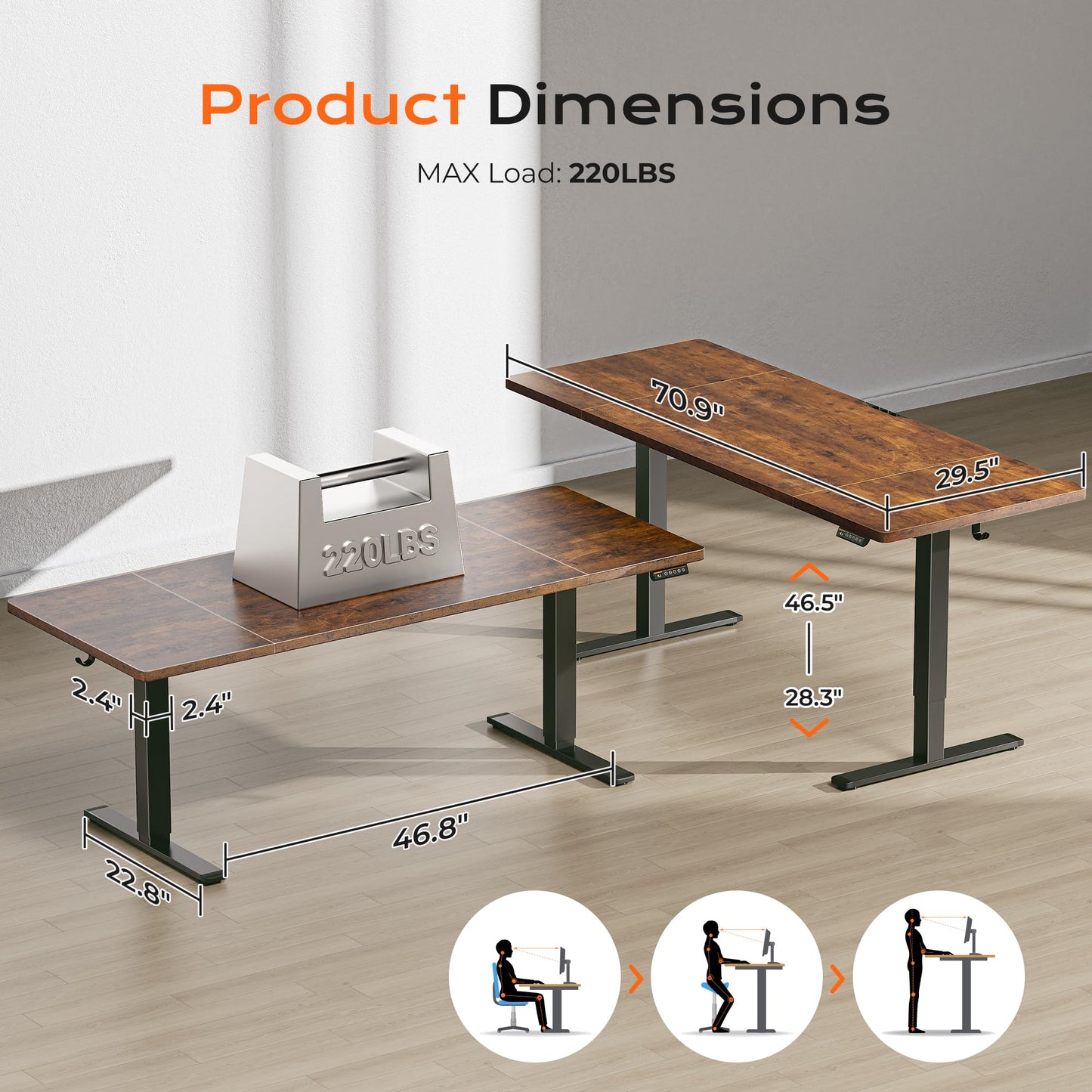 Huuger 71 x 30 Large Electric Standing Desk, Height Adjustable Computer Desk, 29.5" Deep Desktop, Stand up Gaming Office Table with 2 Hooks, 3 Preset Heights, for Home Office, Rustic Brown