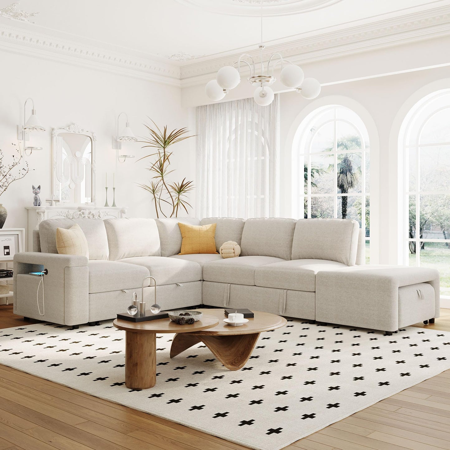 Merax L-Shaped Modular Sofa with Removable Storage Ottoman, USB Ports and Cup Holder, Upholstered Sectional Couch & Armrest, Free Combination Indoor Furniture for Living Room, Apartments, Beige