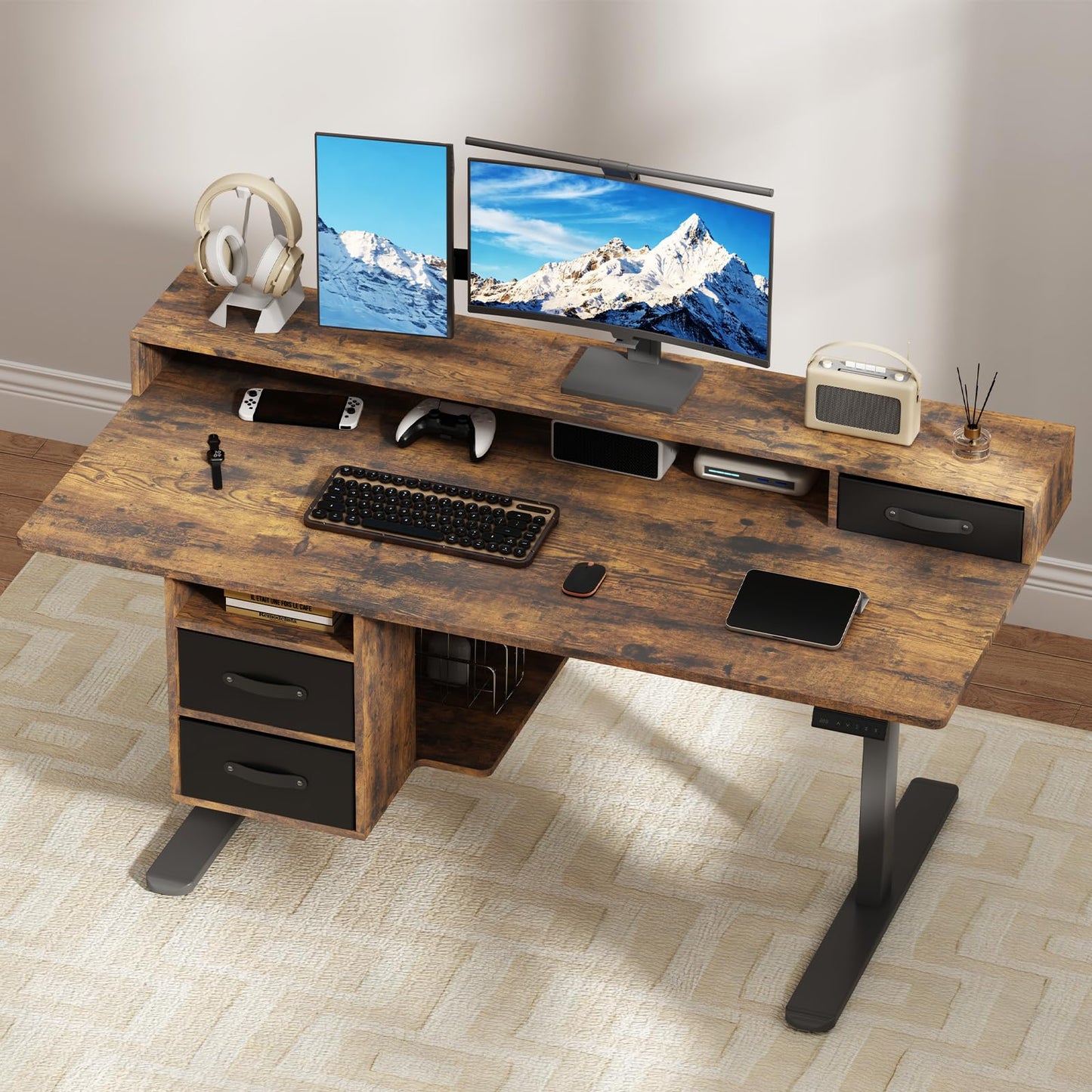 63x24 Inches Standing Desk with Drawers, Electric Computer Desk with Open Storage Shelf, Stand Up Desk, Adjustable Height 28-46 Inches for Home and Computer Workstation, Rustic Brown