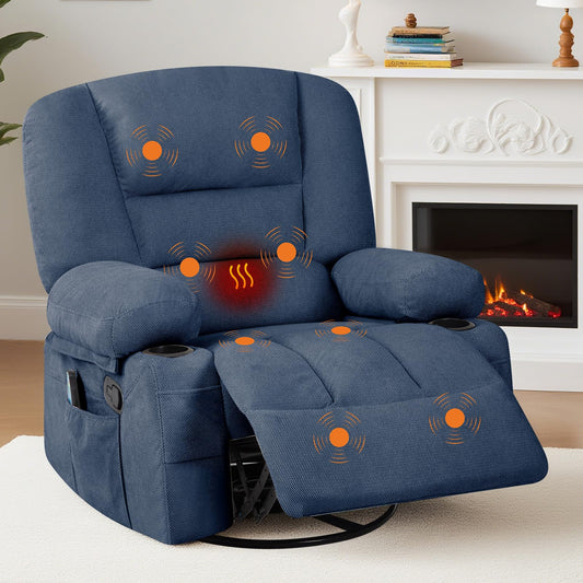 Rocker Recliner Chair with Heat and Massage,Nursery Recliner 360° Swivel Oversized Chairs for Adults,Chenille Lazy Boy Single Sofa Seat with 3 Positions,Side Pockets,2 Cup Holders for Living Room,Blue