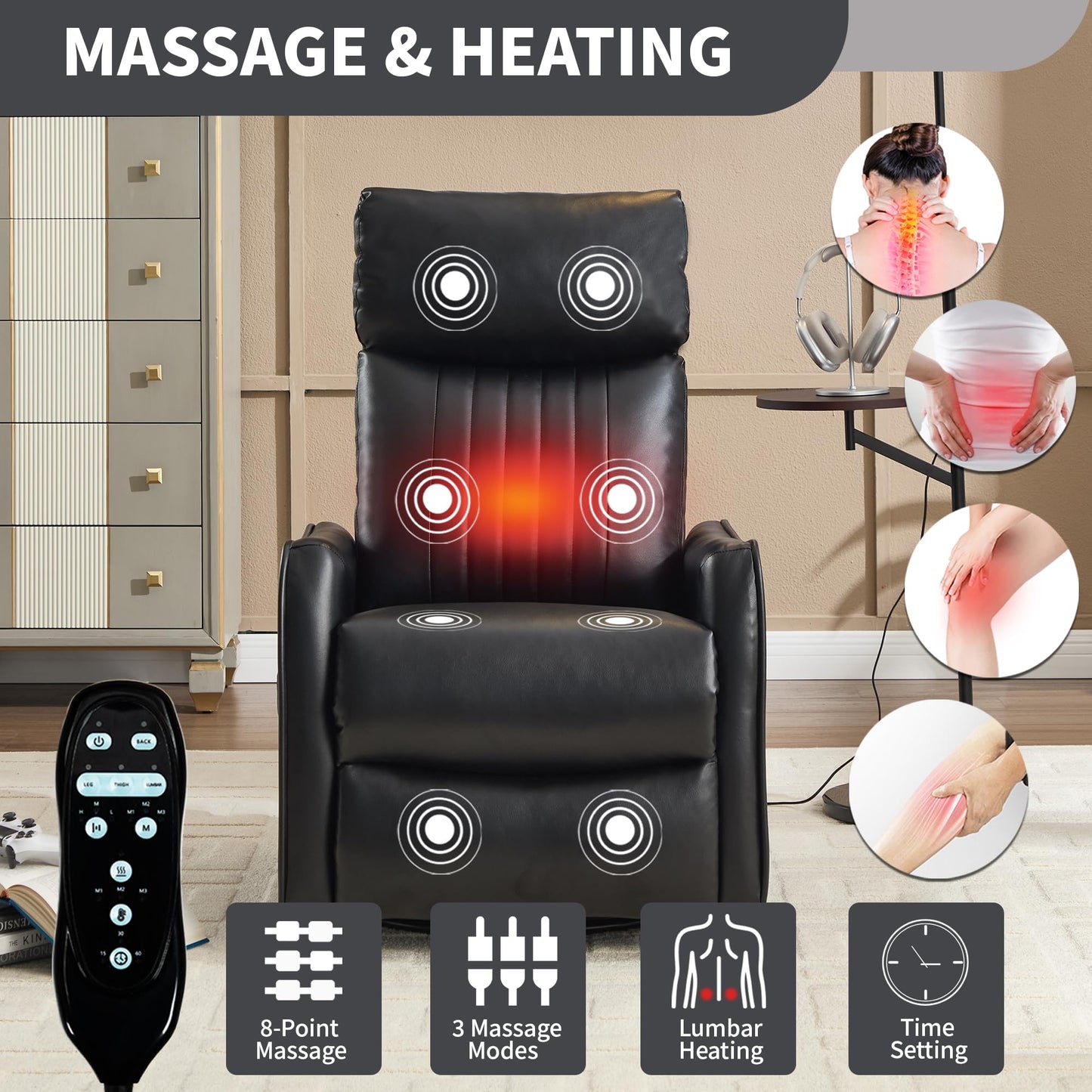 KEIKI 4-in-1 Manual Swivel Rocker Recliner Chair for Living Room, Faux Leather Nursery Glider Rocking Chairs with Back Massager & Heat, Tailored for Quiet Afternoon Tea Relaxation Moments, Black