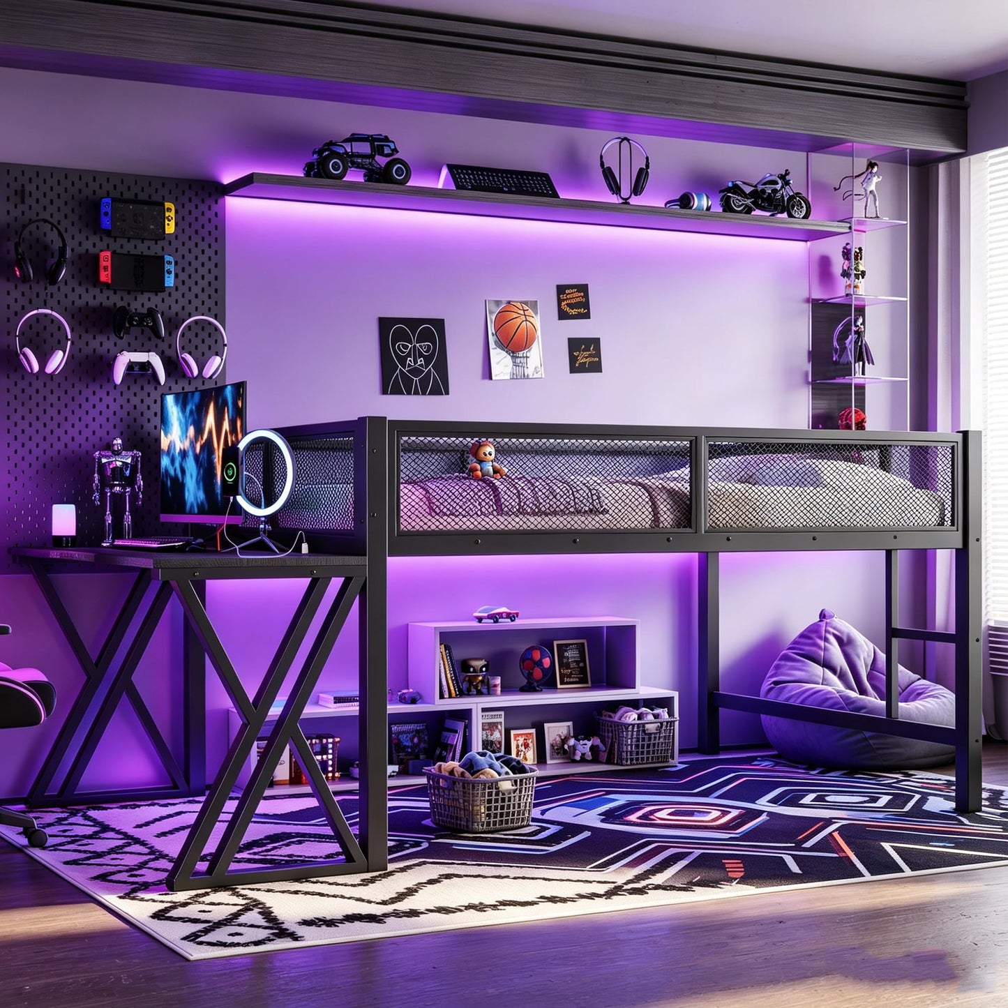 Bellemave Metal Full Low Loft Bed with Desk, LED Lights & Charging Station, Gaming Loft Bed Frame for Boys, Girls & Teens, Space-Saving Kids Full Loft Bed, Black