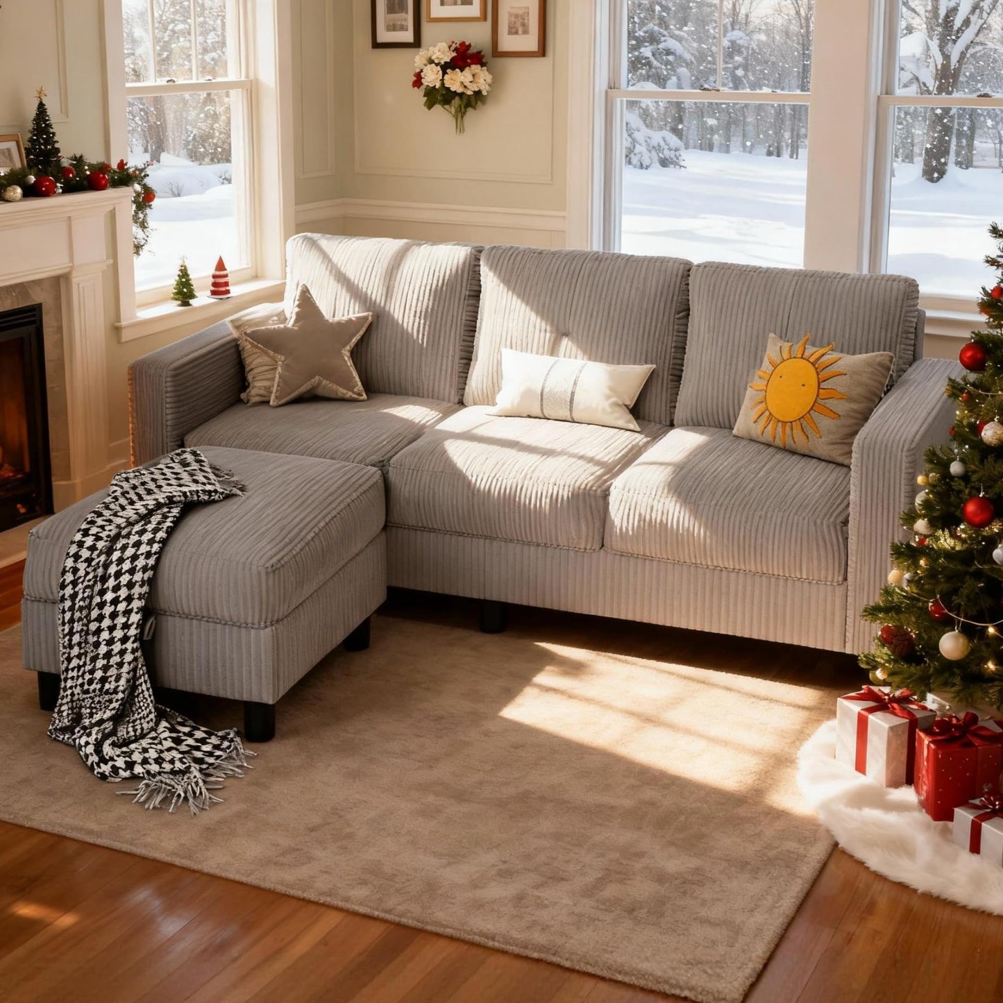 SUNLEI Convertible Sectional Sofa for Small Spaces, L Shaped Modular Sofa with Reversible Chaise & Ottoman Storage, 3 Seat Modern Small Couches for Living Room in Apartment, Linen Fabric, Greige