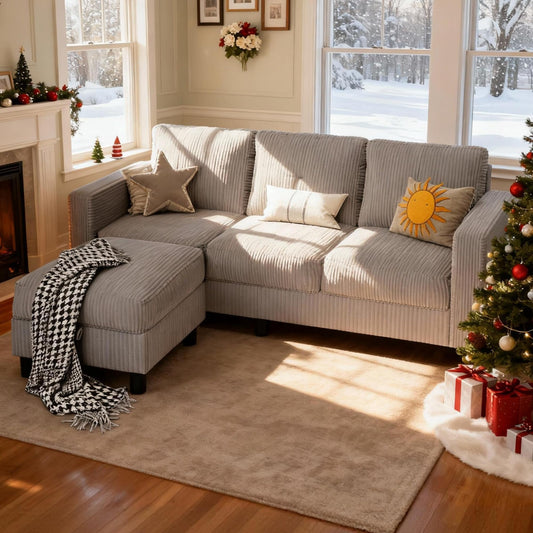 SUNLEI Convertible Sectional Sofa for Small Spaces, L Shaped Modular Sofa with Reversible Chaise & Ottoman Storage, 3 Seat Modern Small Couches for Living Room in Apartment, Linen Fabric, Greige